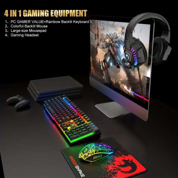 Wired Gaming Keyboard And Mouse Headset Combo, Rainbow LED Backlit Wired Keyboard, Over Ear Headphone With Mic, Rainbow Backlit Gaming Mice, Mouse Pad, for PC, Laptop, Mac, PS4, Xbox - Image 9