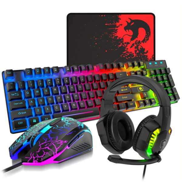 Wired Gaming Keyboard And Mouse Headset Combo, Rainbow LED Backlit Wired Keyboard, Over Ear Headphone With Mic, Rainbow Backlit Gaming Mice, Mouse Pad, for PC, Laptop, Mac, PS4, Xbox