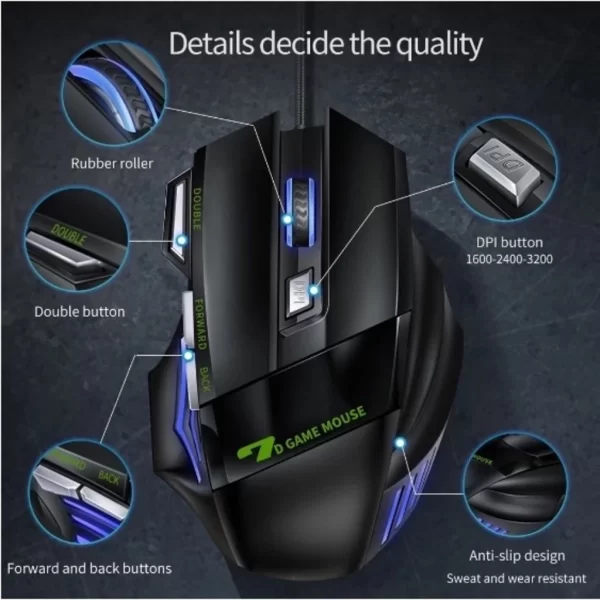 Mouse gamer para jogo computador 3200dpi com LED laser X7 USB Botões Profissional - Image 4