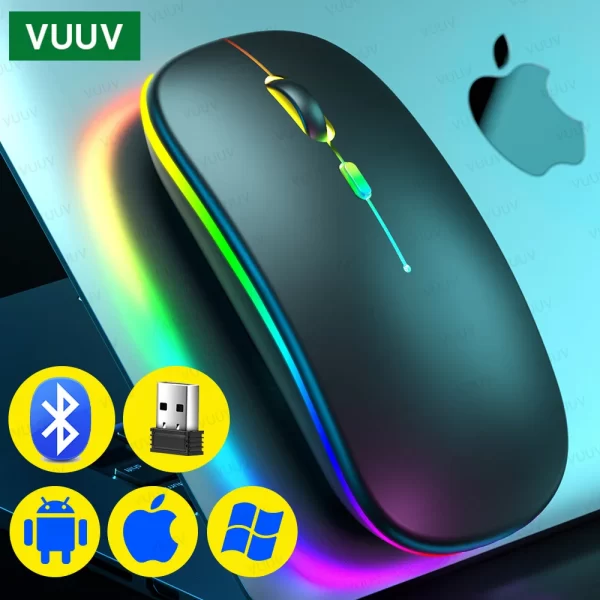 Vuuv mouse sem fio recarregável para macbook, laptop, tablet, 1600dpi, 2.4ghz, retroiluminação, bluetooth, acessórios para laptop