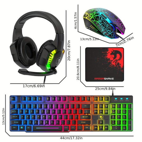 Wired Gaming Keyboard And Mouse Headset Combo, Rainbow LED Backlit Wired Keyboard, Over Ear Headphone With Mic, Rainbow Backlit Gaming Mice, Mouse Pad, for PC, Laptop, Mac, PS4, Xbox - Image 2